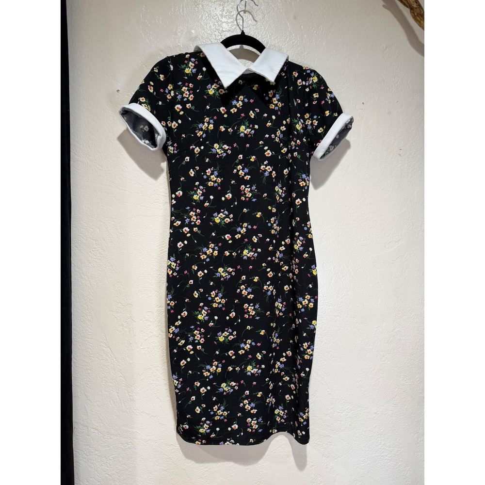 Black Ditsy Floral Sheath Dress White Peter‎ Pan Collar Short Sleeve Size L US 8